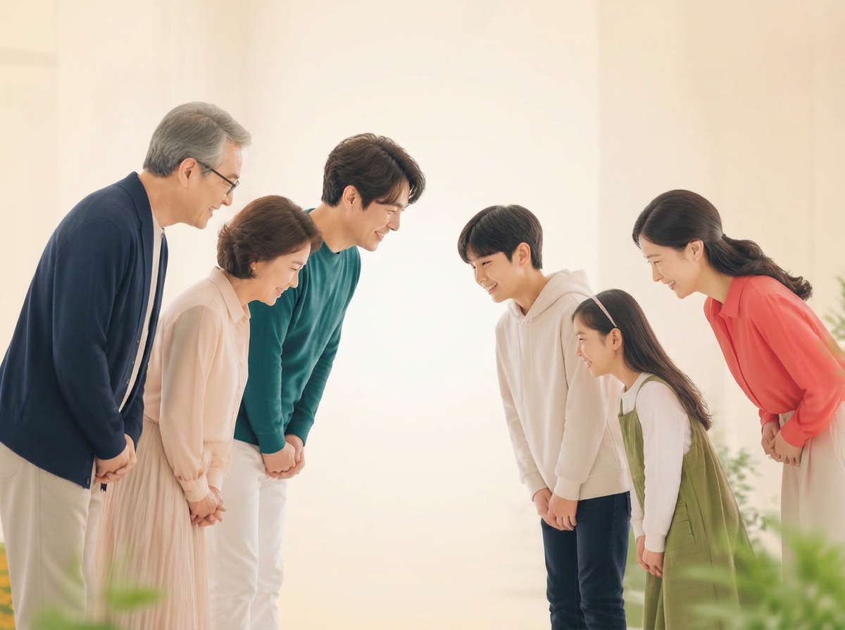 일상복 차림의 3세대 가족 여섯 명이 서로에게 공손히 인사하는 모습
